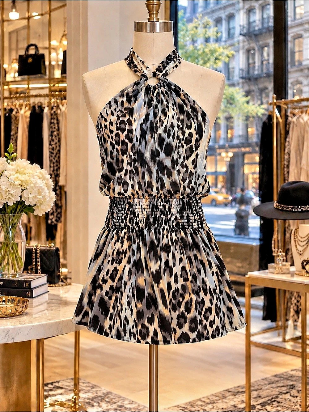 Ariella Animal Print Halter Mini Dress Black & White Size Medium